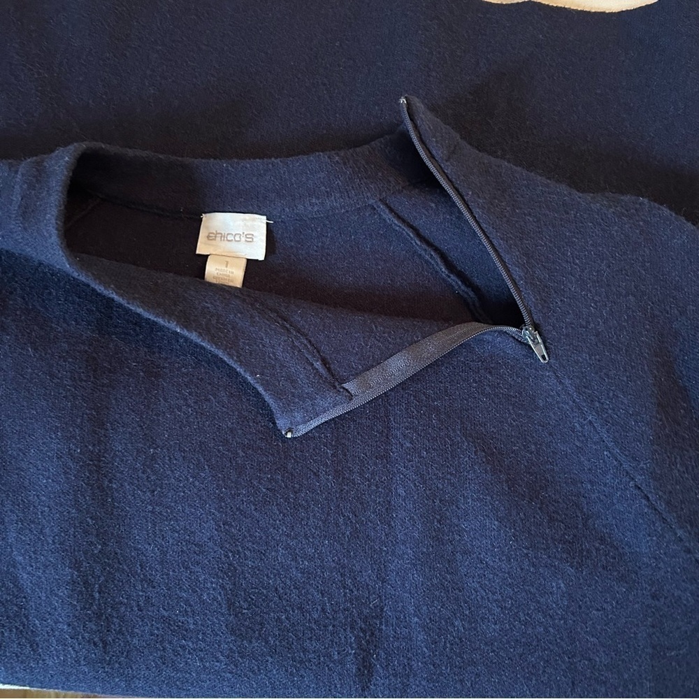 Chico’s Womens Size 1/Med Navy Blue Wool Blend Sweater Zip Foldover Neck - Picture 3 of 8
